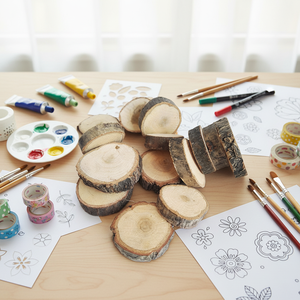 Tranches de bois de bouleau en vrac avec écorce, faites à la main et polies, formes et tailles variées, personnalisables avec logos/images, pour la décoration intérieure DIY et les cadeaux - Product Image 1