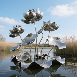 Tượng hoa sen bằng thép không gỉ đánh bóng thủ công, trang trí lối vào sảnh khách sạn hiện đại, sang trọng - Product Image 2