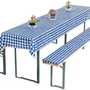 Checkered beer bench with comfortable cushion pad and table cloth