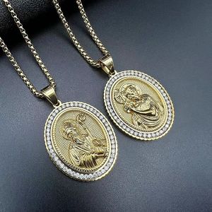 Yunnique Stainless Steel Gold Plated Zircon Geometric Pave Setting Jesus Saint Pendant Necklace Chain for Men Women Gift Fashion - Product Image 1