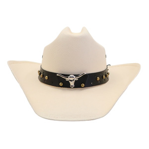 Chapeau de paille de cowboy <span class=keywords><strong>N134</strong></span> pour femmes et hommes, chapeau de protection solaire en paille de papier avec bande décorative en forme de taureau pour les vacances et les activités de plein air - Product Image 4