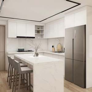 Juego de Muebles de Cocina Modulares Modernos de Madera Contrachapada con Acabado de Laca de Alto Brillo, Isla de Mármol con Fregadero y Protector Contra Salpicaduras para Apartamento - Product Image 1