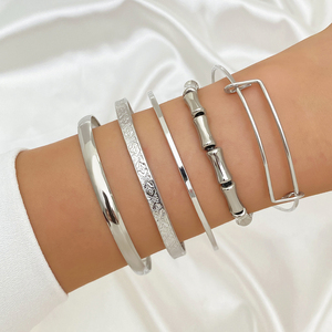 KISSWIFE Ensemble de 5 bracelets multirangs couleur argent, bracelet jonc en <span class=keywords><strong>bambou</strong></span> noué, bracelet tendance pour femmes - Product Image 1