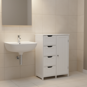 Mueble de Baño Blanco con Estante Ajustable y Cajones, Mueble de Suelo de Diseño Moderno en Madera para Apartamento - Product Image 2