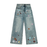 Jean large en denim délavé bleu YUANBOFEI pour femme avec broderie ours de dessin animé, taille élastique, style streetwear, coupe baggy