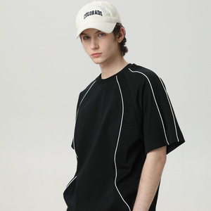 تي شيرت رجالي صيفي ثقيل الوزن من ماركة أزياء، 260 جرام، بأكمام راجلان متباينة الألوان، برقبة دائرية وأكمام قصيرة - Product Image 2