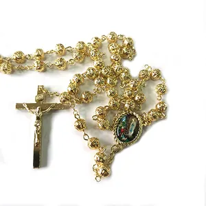 Komi 2020 Hot Sell Rosary Necklaces Religious Rosary Jesuss Cross Maria Medal Necklace Hollowing Out Metal 6mm Beaded Necklaces