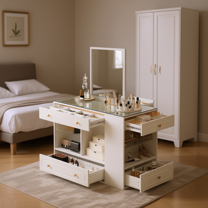 ตู้เสื้อผ้าไวท์ไอส์แลนด์แบบมีลิ้นชัก 6 ช่อง ท็อปกระจก สำหรับเก็บเครื่องประดับ ตู้เก็บของในห้องนอน ตู้เสื้อผ้าอเนกประสงค์ทันสมัย - Product Image 2