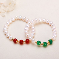 Gelang Mutiara Air Tawar Putih Merah Hijau Barok 8MM Berlapis Emas 18K Grosir, Kelas AAAAA, Elastis, untuk Wanita, Hadiah Pernikahan