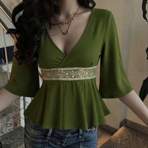 Women's <b>Y2K</b> Vintage Lace Patchwork Floral T-<b>Shirt</b> Cross V-Neck Loose A-Line Flared Sleeve Sexy Casual Blouse All Seasons - Product Image 2