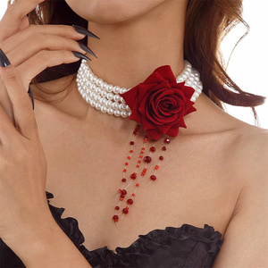 Collar de cuentas multicapa de perlas de imitación de Rosa gótica para mujer, Gargantilla con borlas en forma de gota de sangre a la moda, regalo de joyería de moda - Product Image 2