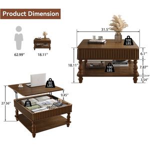 31.5 Inch Square Fluted Lift-Top <b>Coffee</b> <b>Table</b> With Hidden Storage Hydraulic Raising Mechanism Retro Solid Wood Legs - Product Image 6