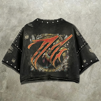 T-shirt Homme Streetwear Personnalisé avec Strass, Coupe Courte et Ample, Motif Graphique, Tissu Épais Délavé à l'Acide