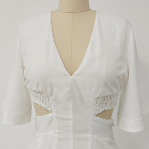 2023 Plain Ladies Summer Clothing V Neck Show Back Waist Pure <strong>White</strong> <strong>Maxi</strong> Pleated Elegant Gentle Women's Dress - Product Image 4