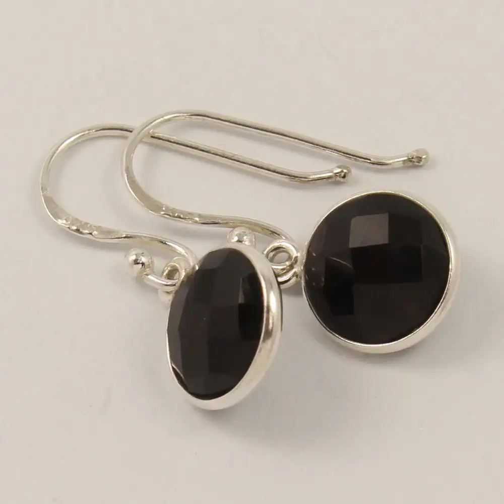 Checker Briolette Stones Black Onyx Pendientes de piedra redonda 10x10mm BLACK ONYX 925 Joyas de plata esterlina sólida
