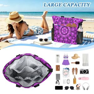 Sac fourre-tout aborigène bohème 2-en-1 avec logo personnalisé, motif floral mandala violet, en polyester, avec pochette - Product Image 5