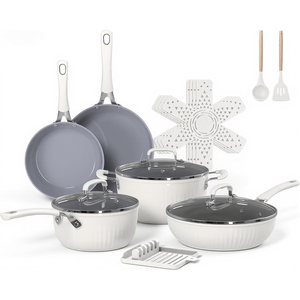 Juego de Utensilios de Cocina de Cerámica Antiadherente de 15 Piezas con Diseño de Rayas Verticales, Olla, Sartén, Apto para Lavavajillas, Inducción y <span class=keywords><strong>Gas</strong></span> - Product Image 1