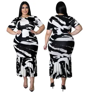 Vestido de punto de talla grande para mujer, ropa de boutique al por mayor, grafiti, blanco y negro, estampado, costura, vestidos informales elegantes