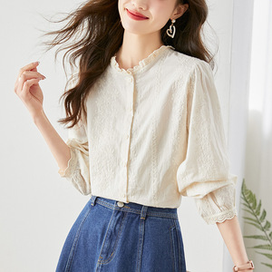 Embroidered Hollow Apricot Shirt Women Long Sleeve New Design Chic Commuting Elegant Coat - Product Image 1