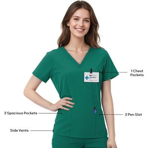 Blusa Médica para Mujer, Cuello en V, 4 Bolsillos, Tela Elástica, Uniforme de Enfermería, Uso Hospitalario - Product Image 3
