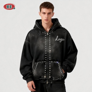 هوديز رجالي عالي الجودة من المصنعين، سترة رياضية بسحاب وغسيل حمضي، مقاس كبير XXL، تصميم فضفاض مع أحجار الراين - Product Image 3