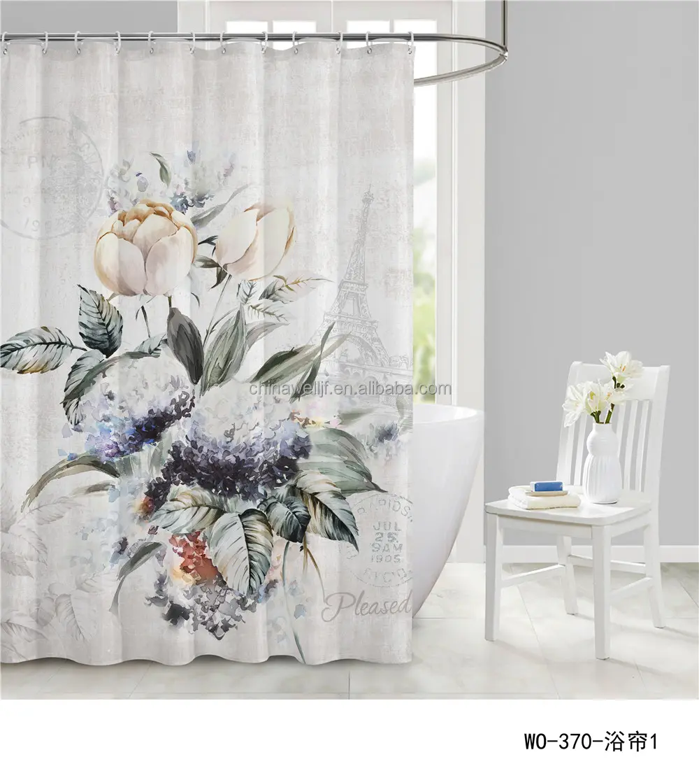 Shower Curtain Qjmax Eva 3d Bag Customized China Style Fabric Packing Modern Hooks Card Plastic