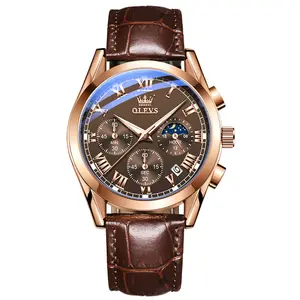 Olevs 2871 Wholesale Luxury New Design OEM Classic Crow Leather Brown Luminous Strap Gift Business Men Quartz Watches