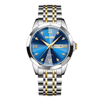 Montre à quartz pour couple en acier inoxydable bicolore avec cadran incrusté de diamants, affichage de la date et du jour, montre-bracelet pour les amoureux, cadeau