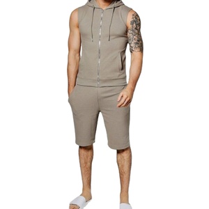 Survêtement d'hiver pour homme, grande taille, sans manches, coupe ajustée, 100% coton, en molleton éponge, pour le jogging, avec sweat à capuche et short - Product Image 1