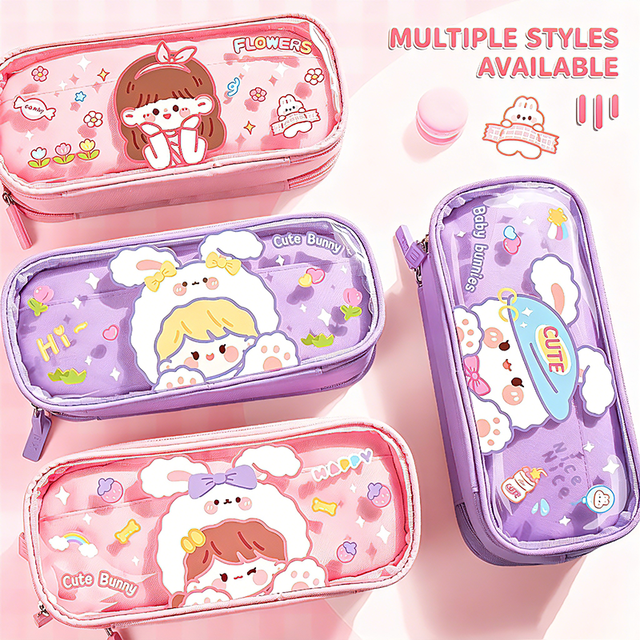 Wholesale Kawaii 3 Layer Transparent Pencil Case Cute Cartoon TPU Large Capacity Zipper Closure UV Printed Waterproof Pen Pouch