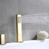 Robinet de baignoire moderne à 3 poignées en laiton doré, à poser sur le rebord, avec mitigeur eau chaude et froide, cartouche céramique et douchette à main