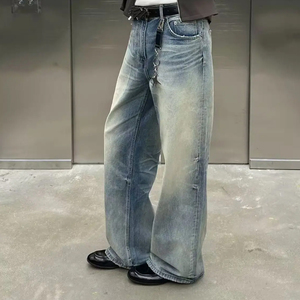 <span class=keywords><strong>Pantalones</strong></span> Vaqueros de Mezclilla con Logotipo Personalizado para Hombre, Estilo Retro, Desgastado, con Dobladillo Crudo, Corte Recto, Hip Hop, Lavado Enzimático, Impresión de Alta Calidad y Bordado - Product Image 3