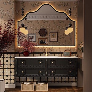 Meuble de salle de bain intelligent avec vasque intégrée sans joint en céramique, motif floral sculpté rétro français, et armoire lumineuse intégrée - Product Image 1