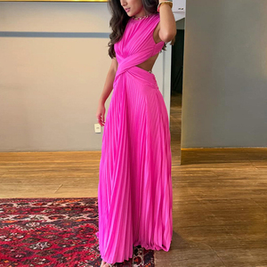 Robe longue plissée rose <span class=keywords><strong>Karlie</strong></span> en polyester de couleur unie à col rond, style portefeuille, vente en gros - Product Image 4