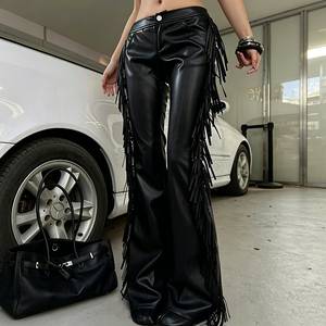 Pantalon <span class=keywords><strong>long</strong></span> en cuir véritable style motard, taille basse, avec franges et volants discrets, nouvelle collection automne 0019 - Product Image 2
