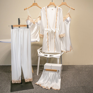 IStapromo Gifts Pajamas with Chest <b>Pads</b> High Quality Women Sexy Suspenders Golden Flowers Bedroom Five-piece Pajamas Home Clothe - Product Image 1