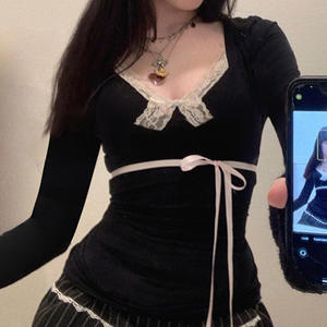 T-shirt nere a maniche lunghe <span class=keywords><strong>eleganti</strong></span> e uniche con finiture in pizzo bianco e dettagli con fiocco rosa camicette a maniche lunghe da donna - Product Image 1