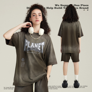 เสื้อยืดผู้ชายคอตตอนวัยรุ่นปี 2024 ลายพิมพ์ย้อนยุคแบบสเปรย์ย้อมสีซีด เสื้อยืดแขนสั้นผู้ชาย - Product Image 2