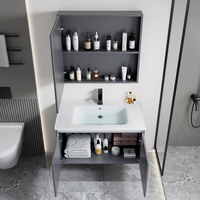 Kompaktes Badezimmer-Set für Kleine Wohnungen: Grauer Aluminium-Waschtisch, Wandmontiertes Keramikwaschbecken, Spiegelschrank, Offenes Regal, Platzsparend