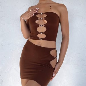 Fashion Diamond Decorated <strong>Shiny</strong> Cut Out <strong>Top</strong> and Mini Skirt Set Women - Product Image 1