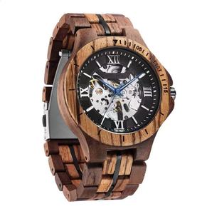 42mm <b>Black</b> Round Hollow Dial Wooden Sports <b>Watch</b> Stainless Steel Band Ceramic Strap Glass Window Movement for Business Diving - Product Image 3