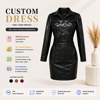 Damen Kunstleder Bodycon Minikleid mit Kragen Cargo-Tasche Langarm-Hemd Knitterfreie Puffärmel Nachtclub-Party Maßanfertigung