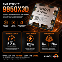 Procesador AMD Ryzen 7 9850X3D AM5 Zen5 de 8 Núcleos y 16 Subprocesos, 4.7GHz Base, 5.6GHz Boost, 2.ª Generación, 3D V-Cache, para Juegos, en Stock