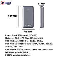 Batterie externe portable à charge rapide Pd45W avec logo personnalisé, 20000mAh, avec câble de charge rétractable