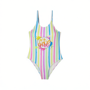 Costume da bagno intero a righe per ragazze Buonic, costume da bagno con stampa It's A Girl 4/6 6/8 8/10 10/12, abbigliamento da spiaggia estivo - Product Image 1