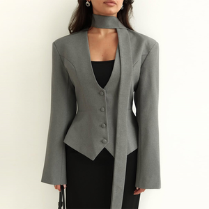 Chaqueta <span class=keywords><strong>Blazer</strong></span> Casual de Lana/Seda para Mujer, de Alta Gama, Más Vendida al por Mayor, con Botones, Cuello en V, de Un Solo Pecho - Product Image 1