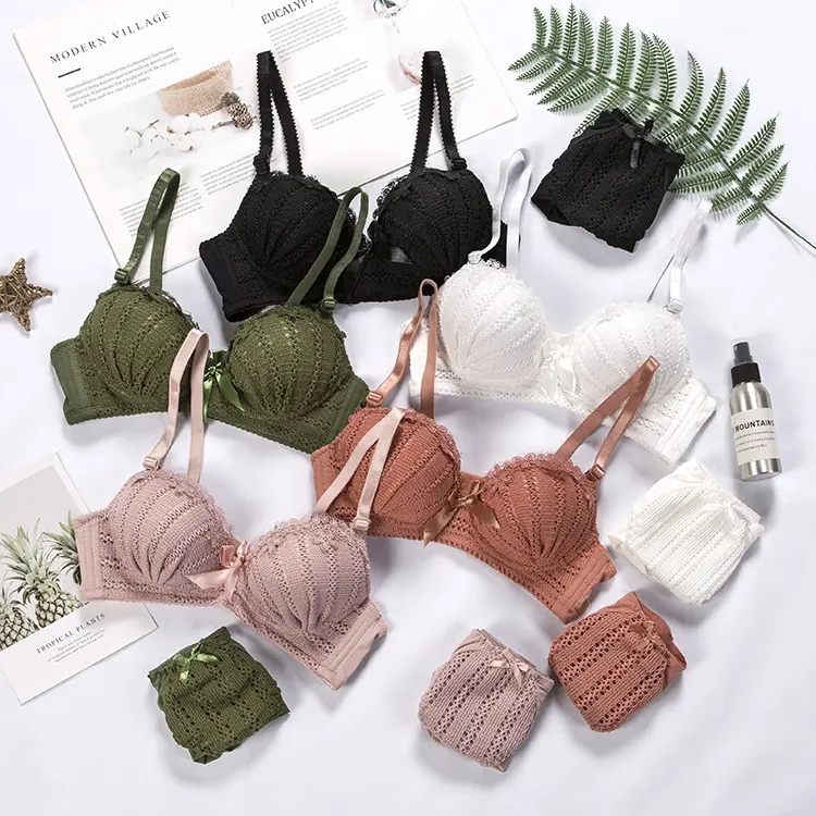 Set Bra & Celana Dalam Renda Wanita, Set Pakaian Dalam dan Celana Dalam Pita Cantik Lingerie Renda Wanita Populer Baru