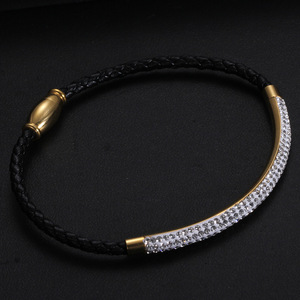 European American Fashion 3Mm Rhinestone <b>Leather</b> Braided Magnetic Stainless Steel <b>Bracelet</b> For Women Gift Jewelry - Product Image 4