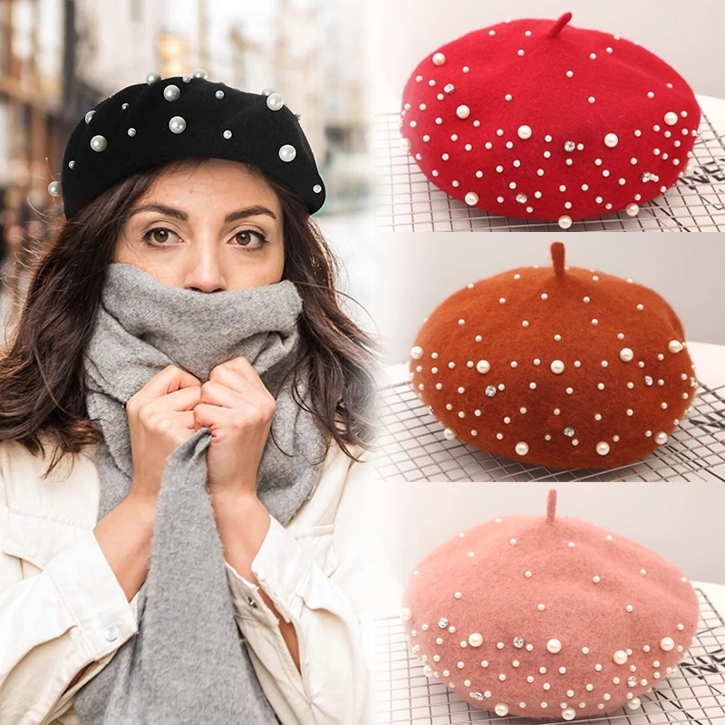 1514 French Beret - Premium Cashmere Beret With Pearl Decorative Details - DECOU Solid Color Pearls Simple Combined Classic French  main image 3