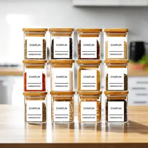 100ml 12pcs square High borosilicate glass spice jar with bamboo lid set 6*6 cm for Kitchen seasoning multiple functions